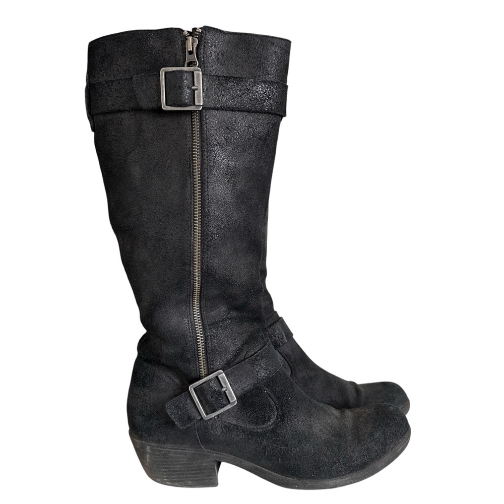 Kork-Ease Black Suede Mid-Calf Buckle Zip Boots
